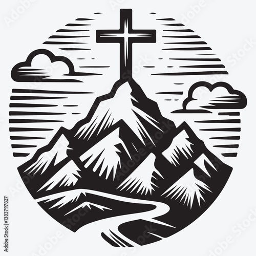 Baptist cross in mountain logo design. stock illustration