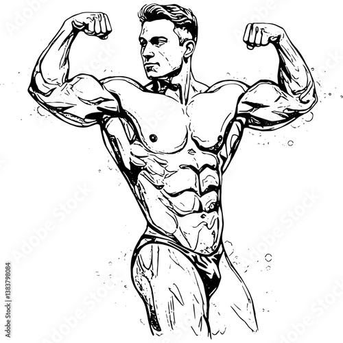 Detailed black and white illustration of a muscular bodybuilder flexing both arms, showcasing his well-defined physique. Bodybuilding and fitness art.

