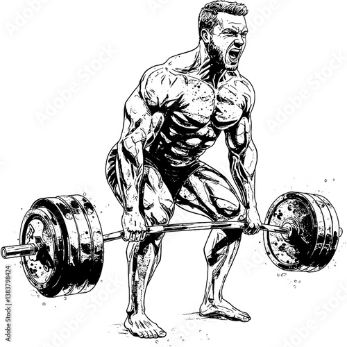 Detailed black and white illustration of a muscular man performing a deadlift with a barbell. Weightlifting and strength training art.

