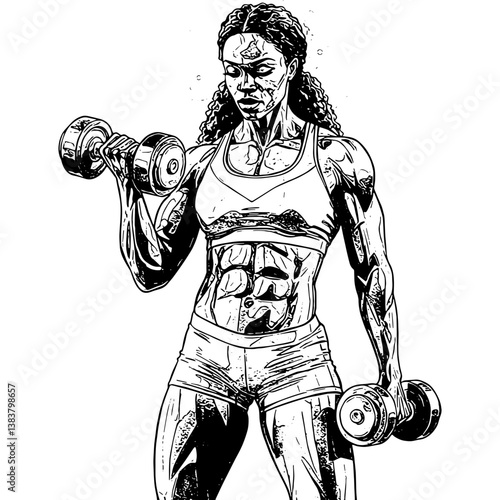 Detailed black and white drawing of a muscular woman lifting dumbbells, showcasing her physique. Fitness and strength illustration.

