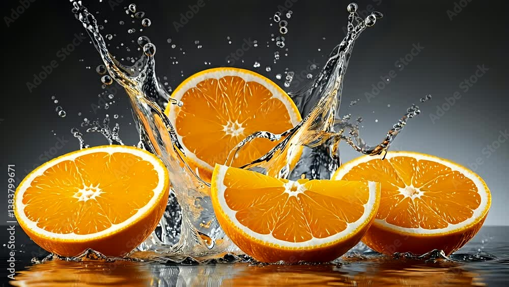 Fresh orange slices splashing into clear water with drops flying in high-speed motion. Refreshing fruit concept Fresh orange slices splashing into clear water with drops flying in high-speed motion. Refreshing fruit concept
