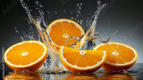 Fresh orange slices splashing into clear water with drops flying in high-speed motion. Refreshing fruit concept