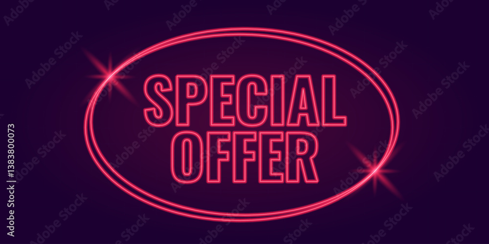 Special offer text neon sign. Vector illustration for exclusive deal, best price, gift voucher, special discount Special offer text neon sign. Vector illustration for exclusive deal, best price, gift voucher, special discount