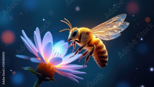 A golden bee with transparent wings made of light, hovering over a glowing flower in a cosmic garden