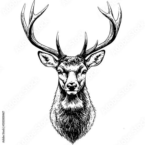 Elegant black and white illustration of a stag's head with large antlers, rendered in a detailed, slightly sketch-like style. Wildlife art.

