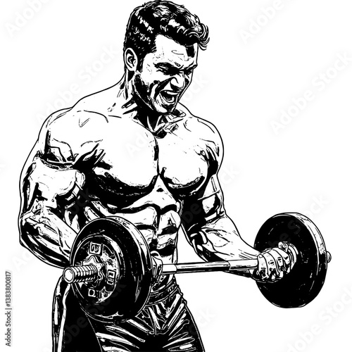 Detailed black and white line art illustration of a muscular man lifting a barbell with intense focus. Fitness and strength concept.

