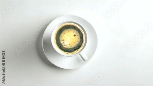 Top view of hot espresso coffee served in white cup and saucer on clean minimal background. Beverage concept