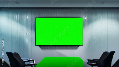 Meeting Room with Green Screen: Modern meeting room featuring a vibrant green screen display, creating an ideal backdrop for presentations, video conferencing, or content creation.