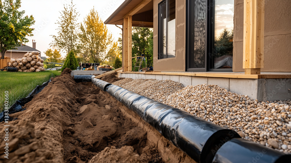 Wide-angle of a house foundation, glossy waterproofing, gravel piles, and drainage pipes.