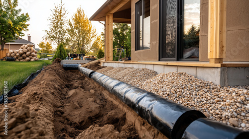 Obraz na płótnie Wide-angle of a house foundation, glossy waterproofing, gravel piles, and drainage pipes. w salonie