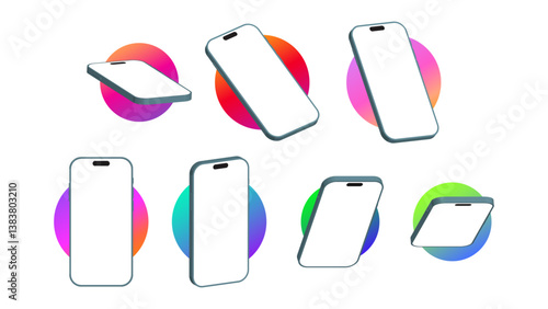 Modern Smartphone in Different Angles – Realistic 3D Vector Templates with Blank Screens for UI Mockups and Design Projects. Vector.
