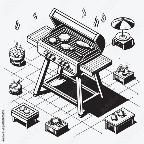 Barbecue and grill related symbols flat line icon. Outline sign for mobile concept and web design, store stock illustration