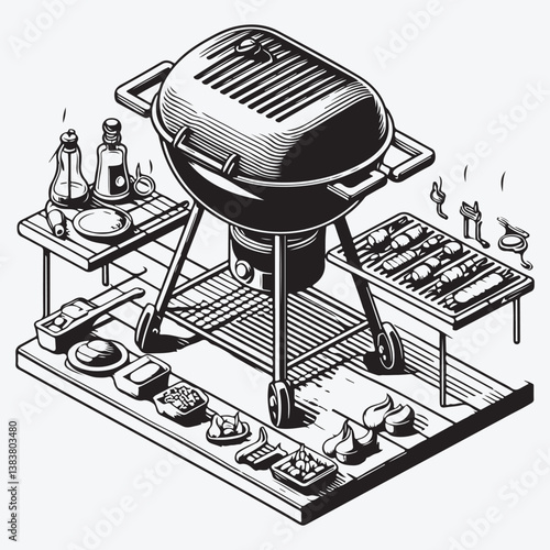Barbecue and grill related symbols flat line icon. Outline sign for mobile concept and web design, store stock illustration