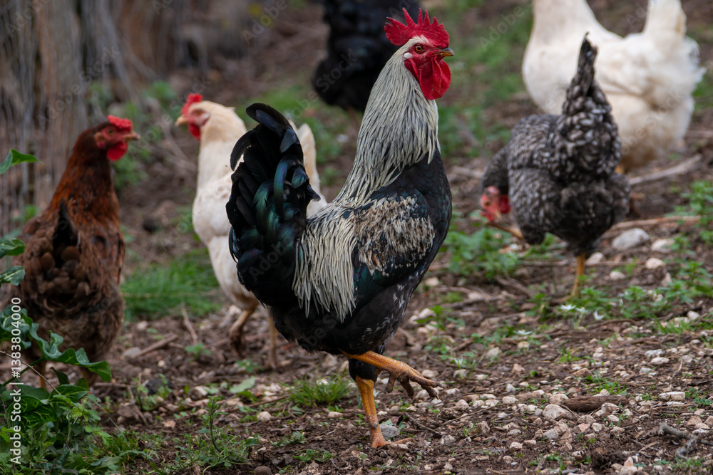 Fototapeta premium Rooster with black and white colors. Red chicken comb. Gallus gallus domesticus.