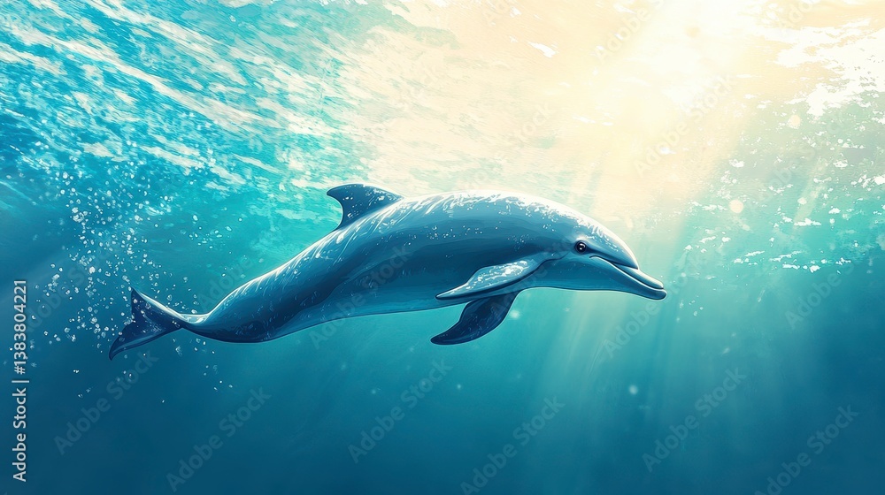 Fototapeta premium Dolphin swimming underwater, sun rays illuminating.