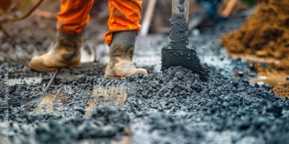 Pouring Ready-Mixed Concrete After Placing Steel Reinforcement to Form a Strong Foundation for Road Construction, Capturing the Action and Precision on a Busy Construction Site Pouring Ready-Mixed Concrete After Placing Steel Reinforcement to Form a Strong Foundation for Road Construction, Capturing the Action and Precision on a Busy Construction Site