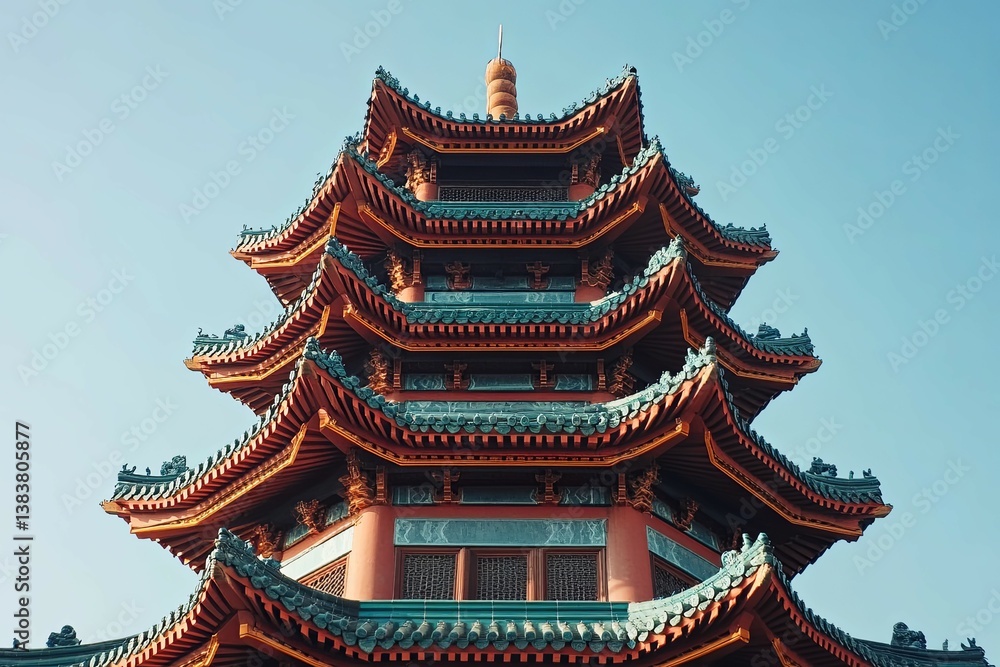 A vibrant multi tiered pagoda set against a bright blue sky A vibrant multi tiered pagoda set against a bright blue sky