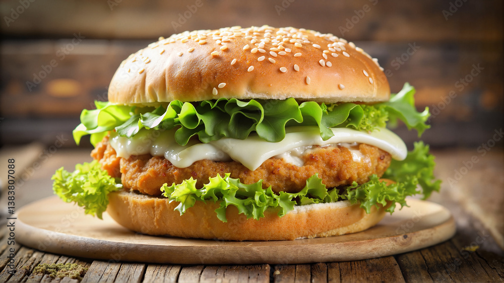 Crispy chicken burger with lettuce on wooden board Crispy chicken burger with lettuce on wooden board