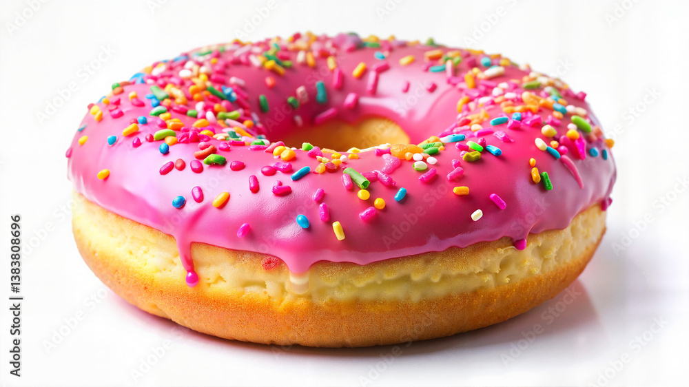 Pink frosted donut with rainbow sprinkles Pink frosted donut with rainbow sprinkles