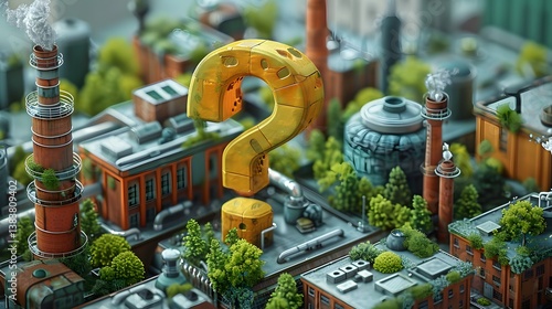 Urban Factory with Question Mark Symbolizing Industry Challenges and Sustainability