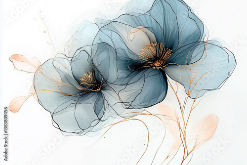 A delicate digital watercolor illustration of two translucent flowers, one pink and one blue, with gold accents on their centers and flowing golden stems. The soft, ethereal petals create an elegant 