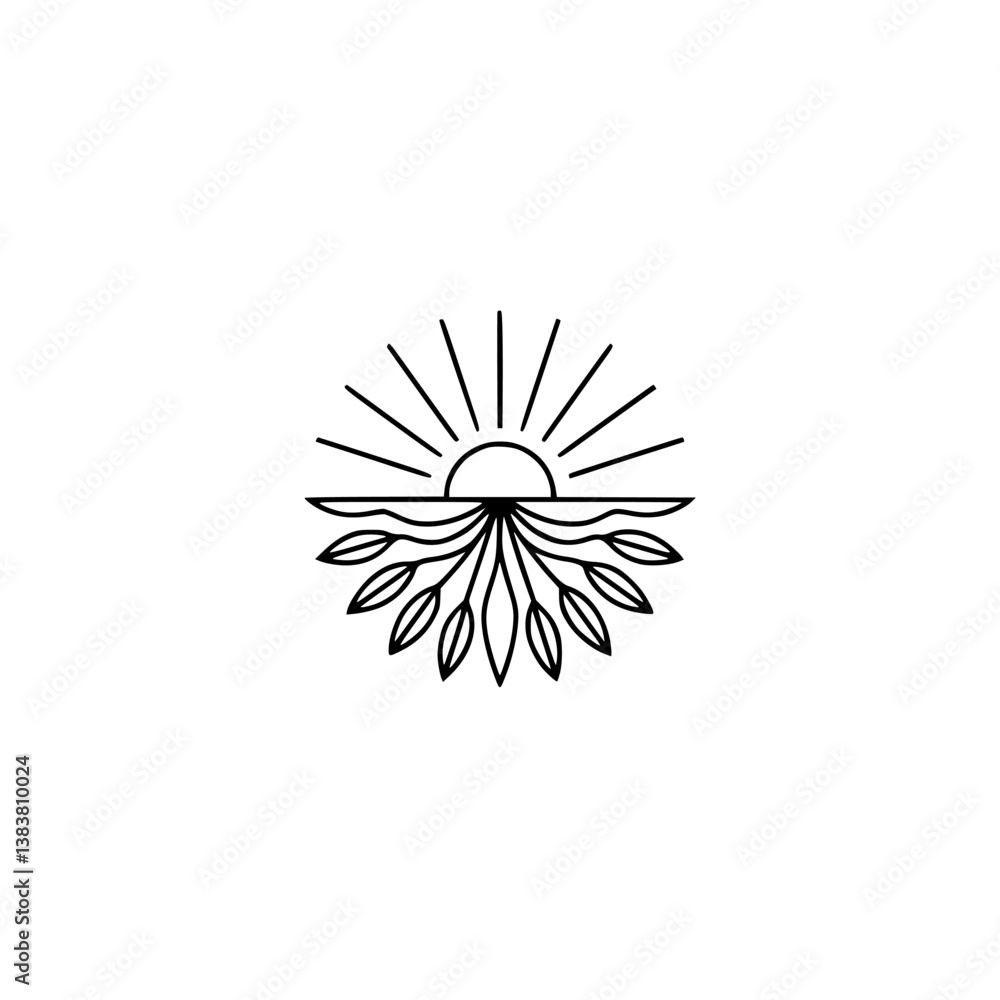 Obraz premium Minimalist Line Art Sun, Leaves, and Horizon Logo Design