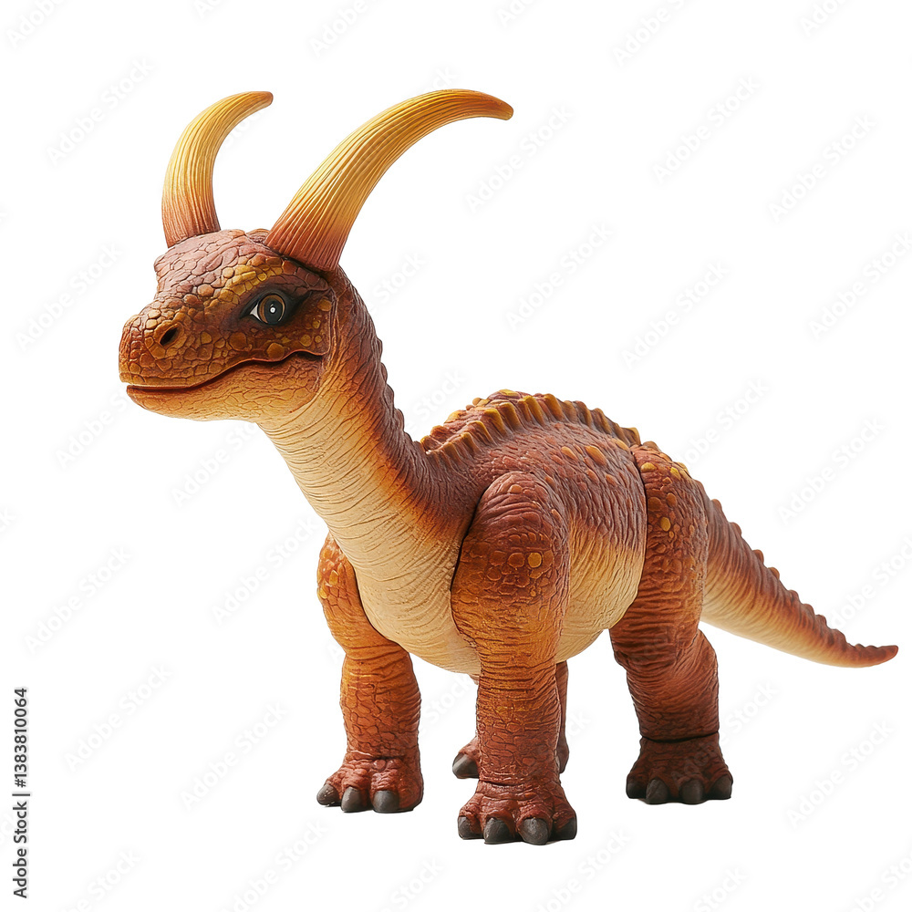 Fototapeta premium Colorful toy dinosaur with long horns and large head in playful pose, toy dinosaur with a longhorn and a large head, Transparent background