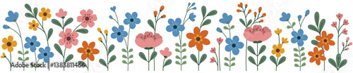 Horizontal seamless border with bright spring flowers. Flowers pattern in flat design style