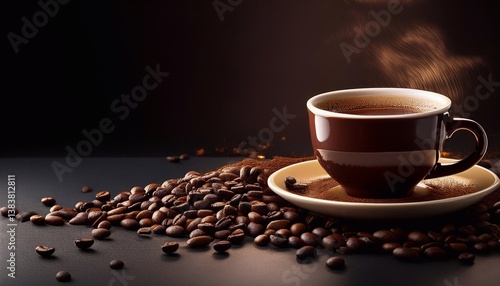 cup of hot coffee and beans scattered on the table, dark background with space for text