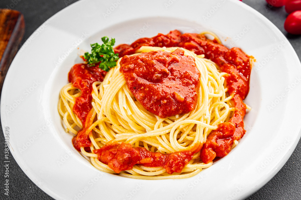 Spaghetti bolognese pasta tomato sauce tasty fresh delicious gourmet food background table rustic food top view copy space Spaghetti bolognese pasta tomato sauce tasty fresh delicious gourmet food background table rustic food top view copy space