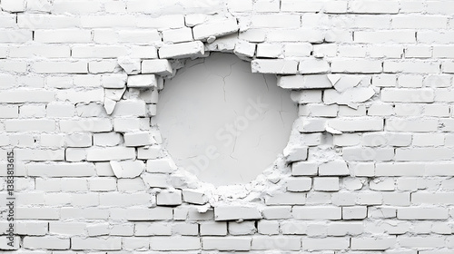 Fototapeta Naklejka Na Ścianę i Meble -  Damaged white brick wall with round hole