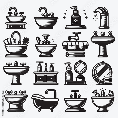 Bathroom sink icon set in black and white stock illustration