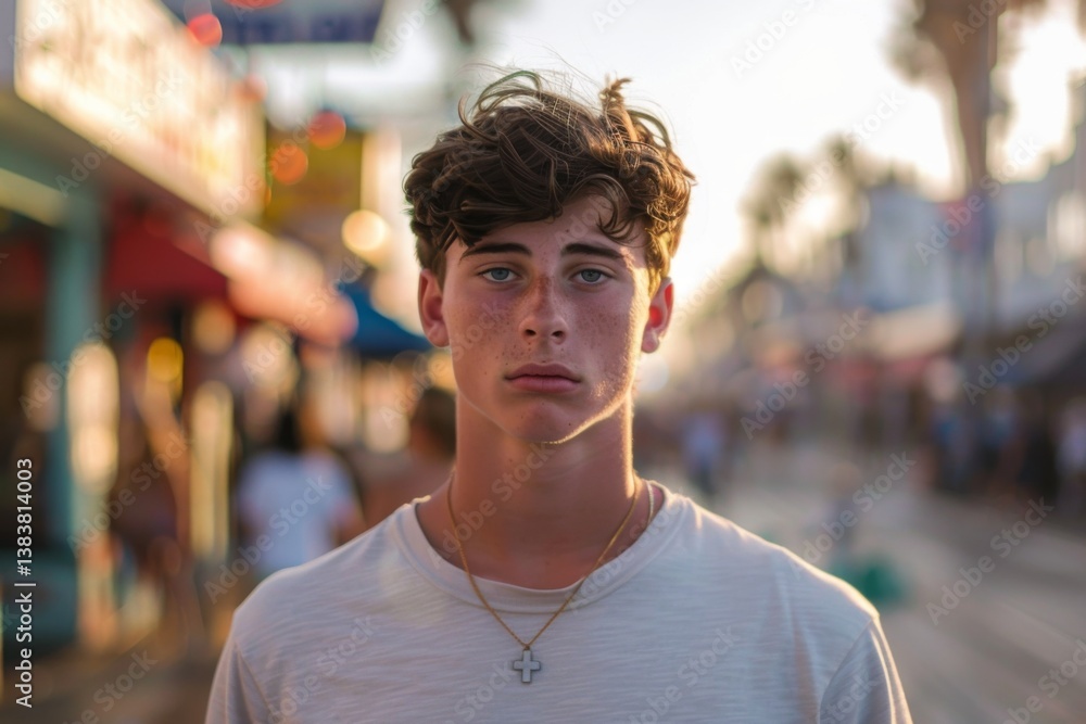 Fototapeta premium Portrait of a young Caucasian man on the boardwalk in Los Angeles