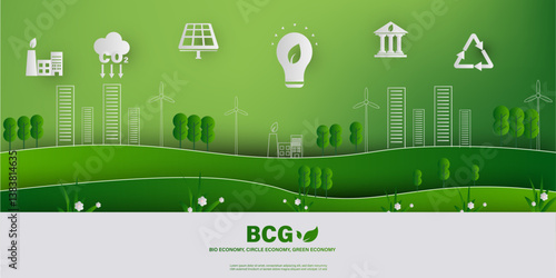 green clean eco friendly EGS township concept with nature, wind mil, solar energy icons, carbon emission, 