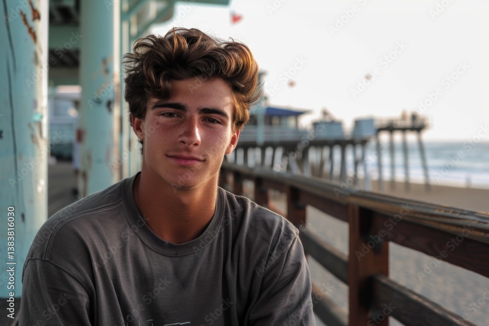 Fototapeta premium Portrait of a young Caucasian man on the boardwalk in Los Angeles