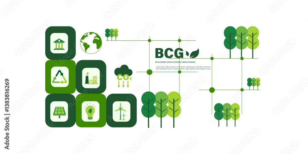 ecology BCG concept for sustainable economy development. Bio economy, circle economy, green economy with icons, solar energy, recycle, carbon emission, city, green house, net zero ecology BCG concept for sustainable economy development. Bio economy, circle economy, green economy with icons, solar energy, recycle, carbon emission, city, green house, net zero