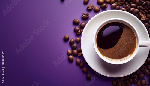 cup of coffee with foam and scattered coffee beans on bright background top view with space for text