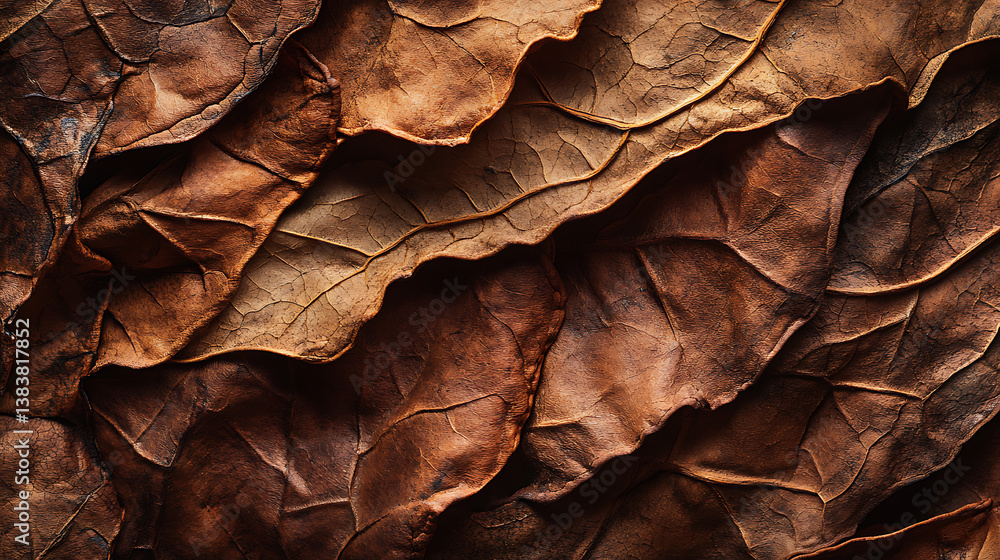 Dried tobacco leaves are tightly bound together, have complex veining and texture, and are ready to be rolled into cigars Dried tobacco leaves are tightly bound together, have complex veining and texture, and are ready to be rolled into cigars
