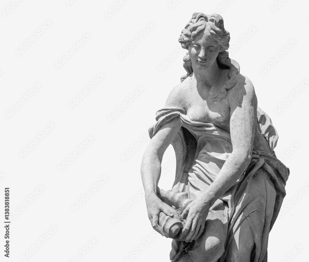 The goddess of love and beauty in Greek mythology, Aphrodite (Venus in Roman mythology) Fragment of ancient stone statue isolated on white background. Copy space.