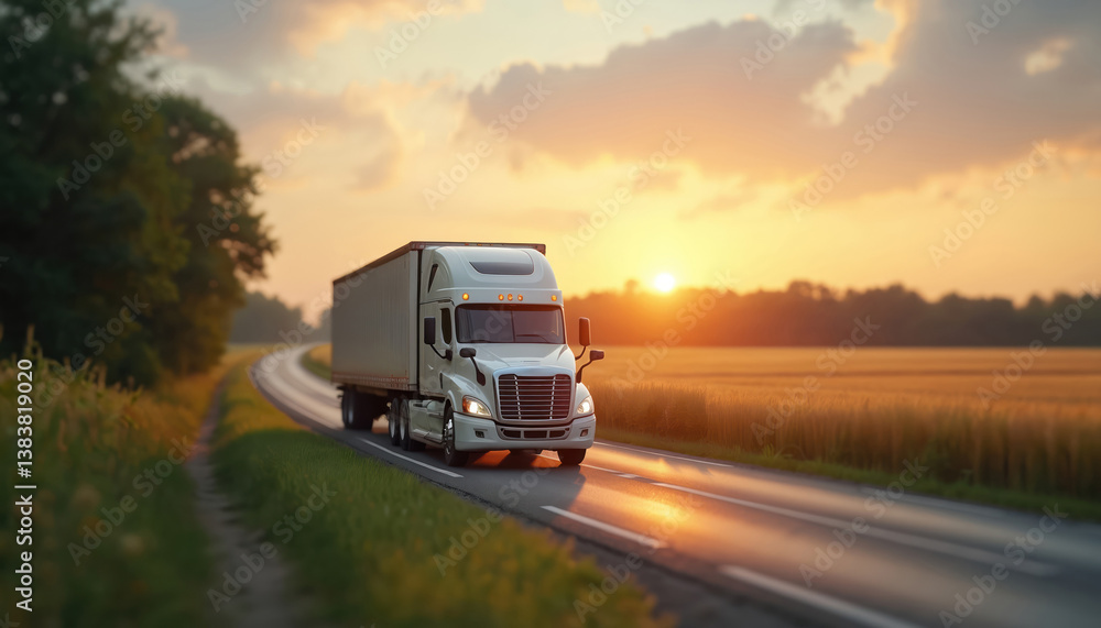 Semi-truck drives country road at sunset, agricultural transport. Roadside grass, fields. Trucking logistics, delivery concept. Golden hour, scenic landscape, highway journey, cargo transportation. Semi-truck drives country road at sunset, agricultural transport. Roadside grass, fields. Trucking logistics, delivery concept. Golden hour, scenic landscape, highway journey, cargo transportation.