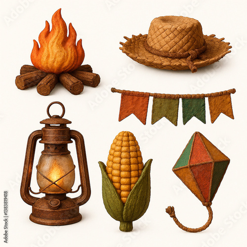 Elementos de São João com tipografia e ícones festivos