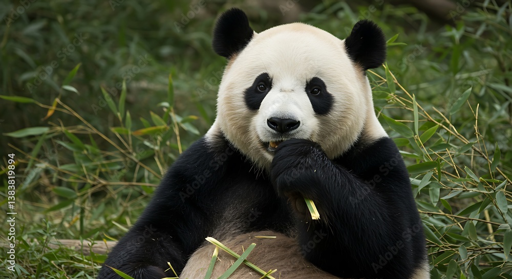 Giant Panda Eating Bamboo in Natural Habitat Close-up Portrait Wildlife Animal Giant Panda Eating Bamboo in Natural Habitat Close-up Portrait Wildlife Animal