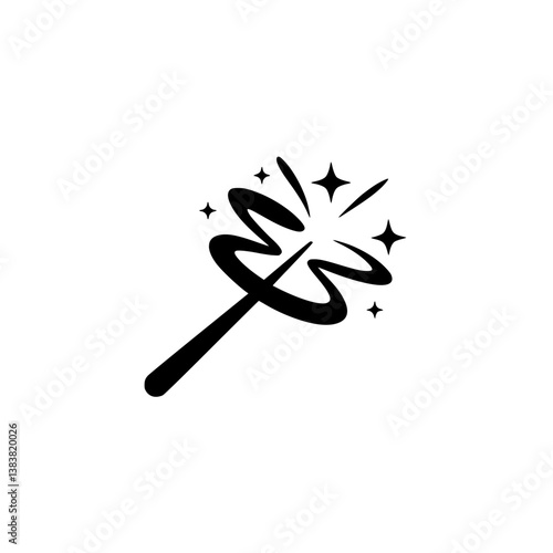 Black Magic Wand Icon: Whimsical, Minimalist Design on White