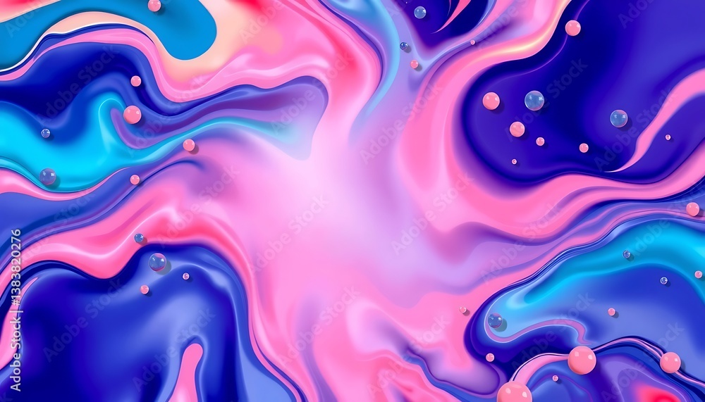 The image displays abstract swirls of fluid in various hues, accompanied by floating spheres. The image displays abstract swirls of fluid in various hues, accompanied by floating spheres.
