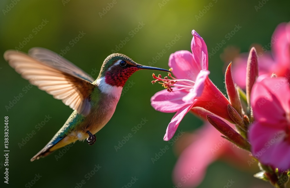 Obraz premium Hummingbird collects nectar from pink flower. Tiny bird in flight near blossom, pollination process. Summer photo, floral art. Nature background shows vibrant plants in the garden.