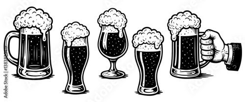 Cartoon beers black doodle icons set. Vector silhouette glasses and pint of beer. 