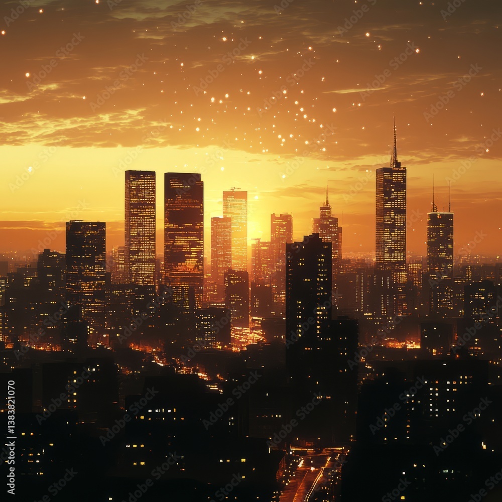 Fototapeta premium Beautiful Sunset Over Cityscape with Glittering Lights at Dusk