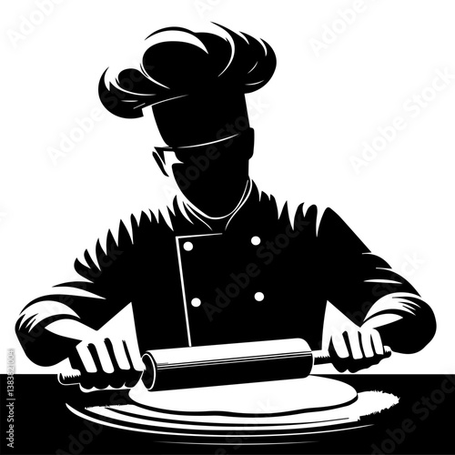 A black and white silhouette of a cook making lavash on a white isolated background. Vector graphics. EPS.