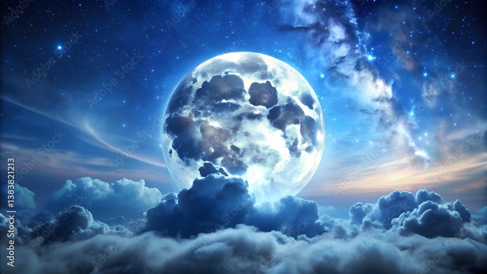 Magical Full Moon Above Clouds in Starry Night Sky Magical Full Moon Above Clouds in Starry Night Sky