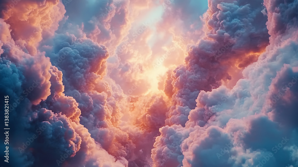 Fototapeta premium Fantasy background with pink clouds in sky, abstract heaven texture with fluffy pastel clouds in blue sky at sunset